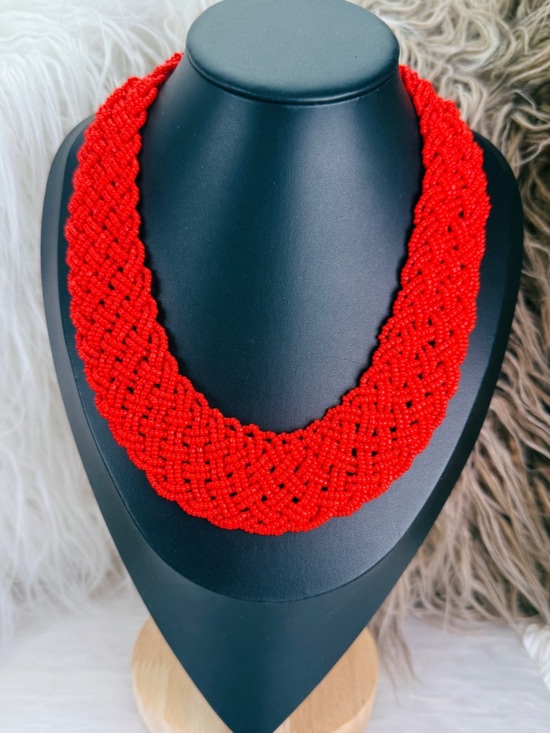 Vintage Orange Red Seed Bead 12 Strand Twist Coral Necklace  Gorgeous, vintage red, bohemian chic, woven seed bead, wide necklace